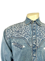 Rockmount 6859-DBLU Men's Vintage Tooling Embroidered Western Shirt Denim Blue front close up. If you need any assistance with this item or the purchase of this item please call us at five six one seven four eight eight eight zero one Monday through Saturday 10:00a.m EST to 8:00 p.m EST