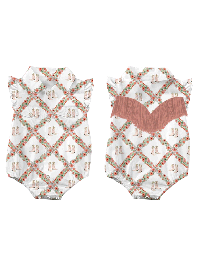 Shea Baby WRSB10 Kids Floral Boot Onesie Shirt With Fringe White front view infant model. If you need any assistance with this item or the purchase of this item please call us at five six one seven four eight eight eight zero one Monday through Saturday 10:00a.m EST to 8:00 p.m EST