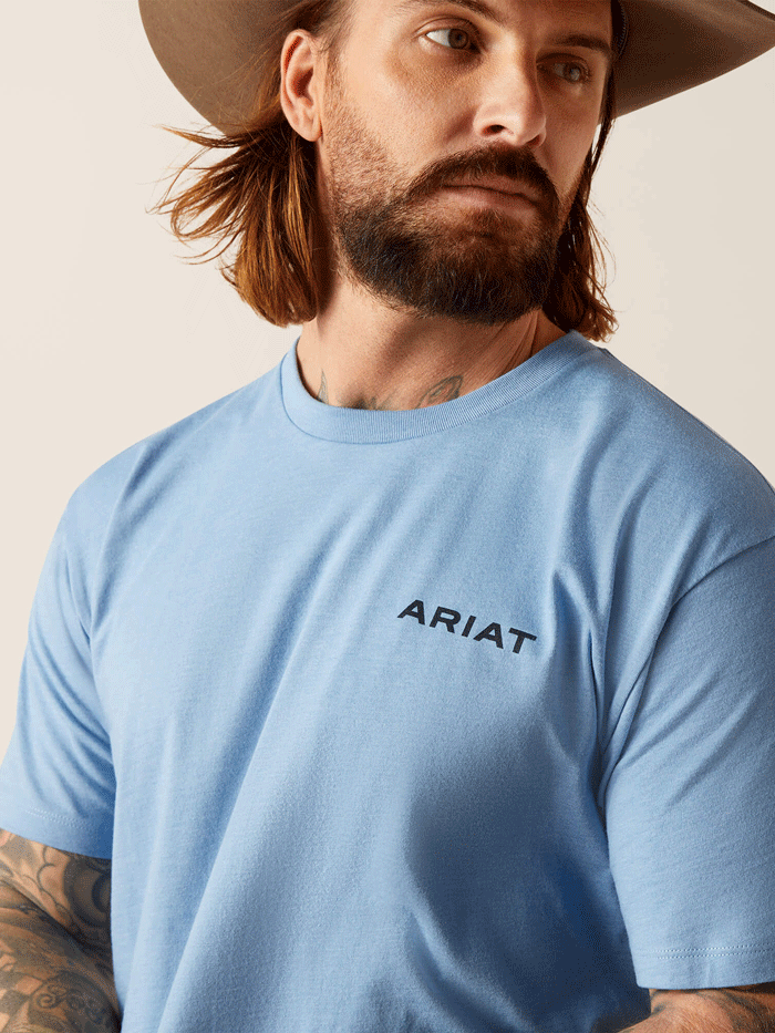 Ariat 10047894 Mens Wheat Flag T-Shirt Light Blue Heather back view. If you need any assistance with this item or the purchase of this item please call us at five six one seven four eight eight eight zero one Monday through Saturday 10:00a.m EST to 8:00 p.m EST