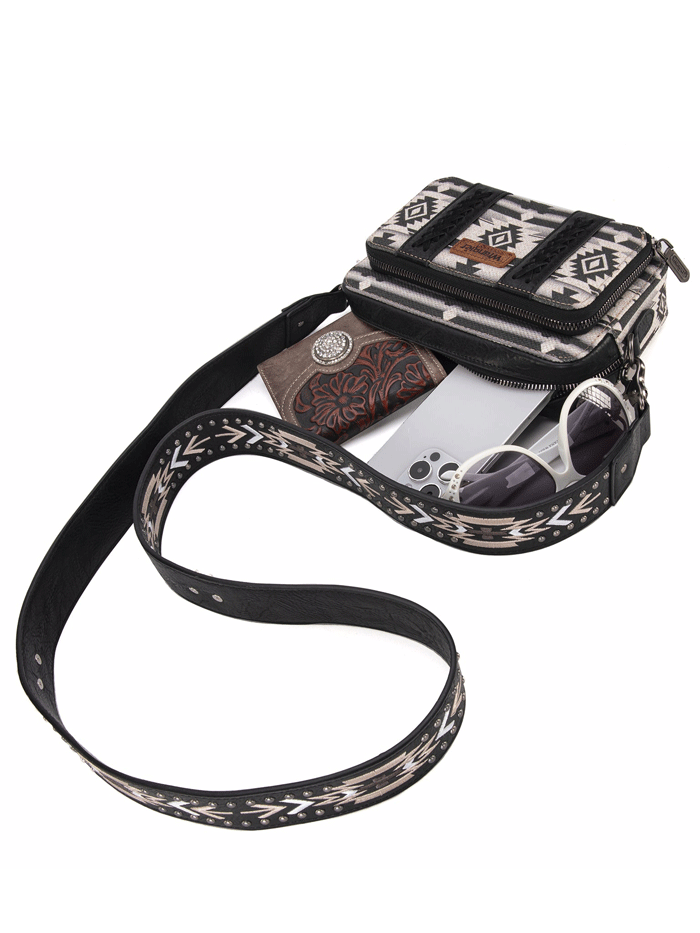 Wrangler WG2207-3003BK Womens Aztec Printed Crossbody Purse With Wallet Compartment Black front. If you need any assistance with this item or the purchase of this item please call us at five six one seven four eight eight eight zero one Monday through Saturday 10:00a.m EST to 8:00 p.m EST