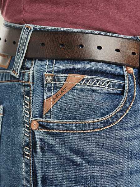 Ariat 10021879 Mens M5 Slim Stretch Stillwell Stackable Straight Leg Jean Fargo front pocket close up view. If you need any assistance with this item or the purchase of this item please call us at five six one seven four eight eight eight zero one Monday through Saturday 10:00a.m EST to 8:00 p.m EST
