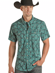 Rock & Roll Denim BMN3S02541 Mens Tek Western Short Sleeve Aztec Ripstop Snap Shirt Teal front view. If you need any assistance with this item or the purchase of this item please call us at five six one seven four eight eight eight zero one Monday through Saturday 10:00a.m EST to 8:00 p.m EST