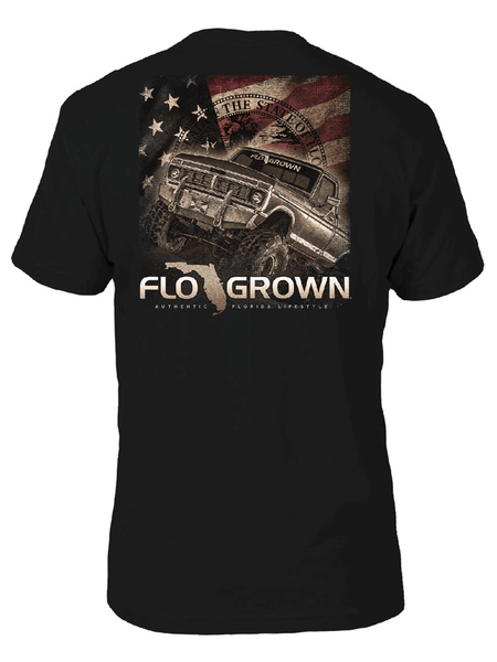 FloGrown FGM-1298 Mens Short Sleeve USA Mud Truck Tee Black back view. If you need any assistance with this item or the purchase of this item please call us at five six one seven four eight eight eight zero one Monday through Saturday 10:00a.m EST to 8:00 p.m EST