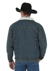 Wrangler 74256RT Mens Western Sherpa Lined Denim Trucker Jacket Rustic back view. If you need any assistance with this item or the purchase of this item please call us at five six one seven four eight eight eight zero one Monday through Saturday 10:00a.m EST to 8:00 p.m EST
