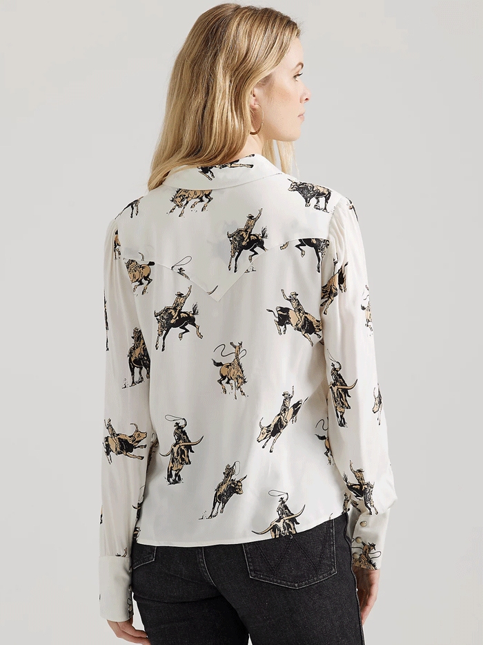 Wrangler 112356671 Womens Retro Drapey Rodeo Blouse White front. If you need any assistance with this item or the purchase of this item please call us at five six one seven four eight eight eight zero one Monday through Saturday 10:00a.m EST to 8:00 p.m EST