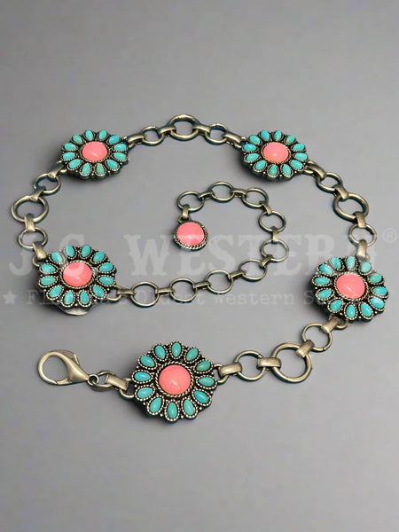 Nocona N4442633 Kids Floral Conchos Belt Turquoise And Pink front view. If you need any assistance with this item or the purchase of this item please call us at five six one seven four eight eight eight zero one Monday through Saturday 10:00a.m EST to 8:00 p.m EST