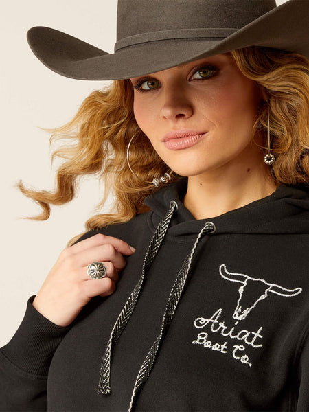 Ariat 10051999 Womens Steer Stitch Hoodie Black close up. If you need any assistance with this item or the purchase of this item please call us at five six one seven four eight eight eight zero one Monday through Saturday 10:00a.m EST to 8:00 p.m EST