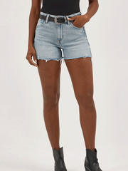 Wrangler 112344602 Womens High Rise Cowboy Shorts Quinn Light Blue front view. If you need any assistance with this item or the purchase of this item please call us at five six one seven four eight eight eight zero one Monday through Saturday 10:00a.m EST to 8:00 p.m EST