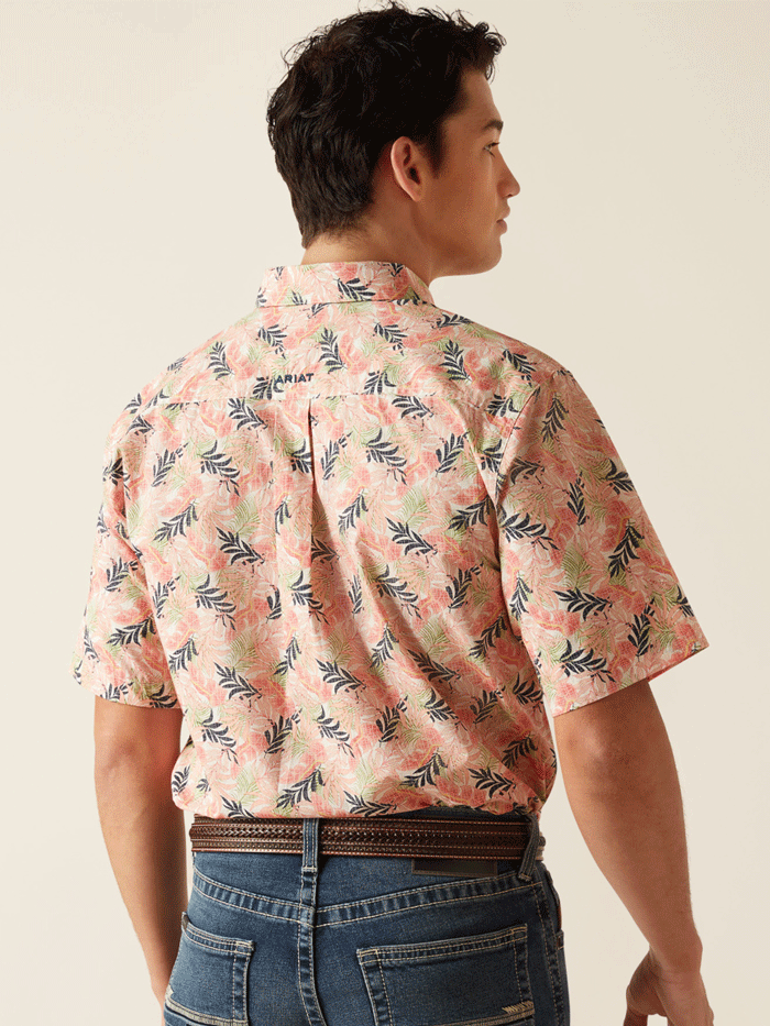 Ariat 10048423 Mens Ty Fitted Short Sleeve Shirt Tea Rose Coral front view. If you need any assistance with this item or the purchase of this item please call us at five six one seven four eight eight eight zero one Monday through Saturday 10:00a.m EST to 8:00 p.m EST