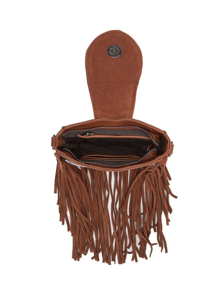 Trinity Ranch TR180-8360BR Womens Genuine Hair On Cowhide Tooled Fringe Crossbody Bag Brown front view. If you need any assistance with this item or the purchase of this item please call us at five six one seven four eight eight eight zero one Monday through Saturday 10:00a.m EST to 8:00 p.m EST

