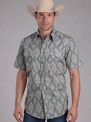 Roper 03-002-0067-0254 Mens Aztec Print Short Sleeve Shirt Grey front view. If you need any assistance with this item or the purchase of this item please call us at five six one seven four eight eight eight zero one Monday through Saturday 10:00a.m EST to 8:00 p.m EST