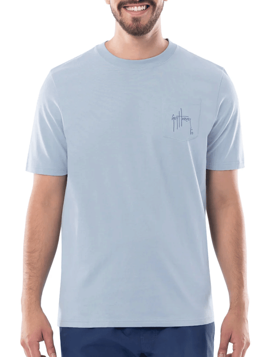 Guy Harvey GHV56001-BFG Mens Open Ocean Short Sleeve Pocket T-Shirt Blue Fog front view. If you need any assistance with this item or the purchase of this item please call us at five six one seven four eight eight eight zero one Monday through Saturday 10:00a.m EST to 8:00 p.m EST