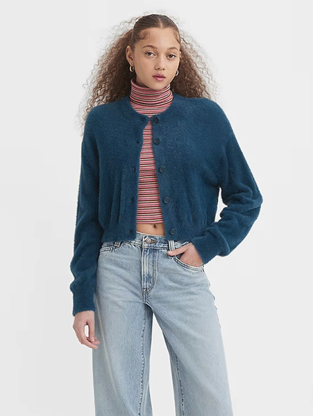 Levis A32350006 Womens Cat Cardigan Sweater Gibralter Sea Blue front view on model. If you need any assistance with this item or the purchase of this item please call us at five six one seven four eight eight eight zero one Monday through Saturday 10:00a.m EST to 8:00 p.m EST