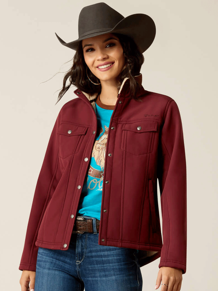 Ariat 10053011 Womens Berber Back Softshell Jacket Tawny Port front view buttoned. If you need any assistance with this item or the purchase of this item please call us at five six one seven four eight eight eight zero one Monday through Saturday 10:00a.m EST to 8:00 p.m EST