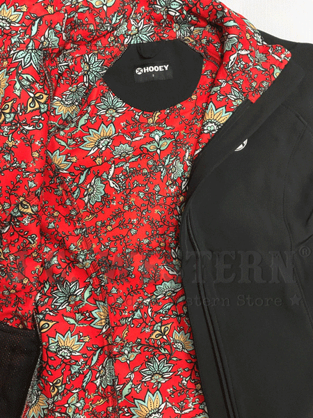 Hooey HJ105BK Womens Softshell Jacket With Red Floral Print Lining Black inside view. If you need any assistance with this item or the purchase of this item please call us at five six one seven four eight eight eight zero one Monday through Saturday 10:00a.m EST to 8:00 p.m EST