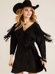 Ariat 10047249 Womens Black Hills Wrap Fringe Dress Black front view. If you need any assistance with this item or the purchase of this item please call us at five six one seven four eight eight eight zero one Monday through Saturday 10:00a.m EST to 8:00 p.m EST