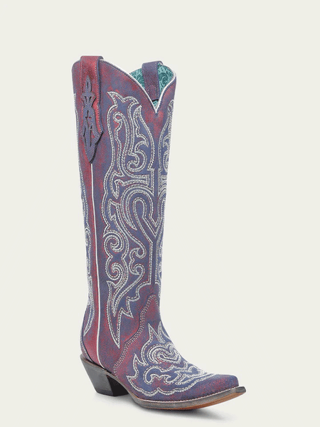 Corral A4772 Ladies Chameleon Effect Embroidery And Crystals Tall Boot Blue And Red side / front view. If you need any assistance with this item or the purchase of this item please call us at five six one seven four eight eight eight zero one Monday through Saturday 10:00a.m EST to 8:00 p.m EST