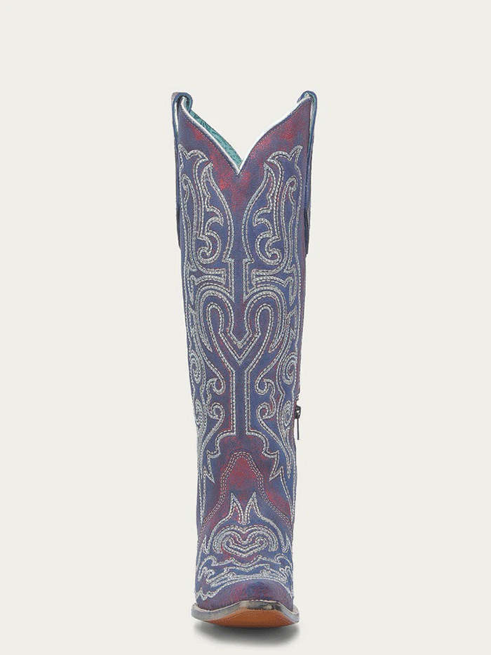 Corral A4772 Ladies Chameleon Effect Embroidery And Crystals Tall Boot Blue And Red side / front view. If you need any assistance with this item or the purchase of this item please call us at five six one seven four eight eight eight zero one Monday through Saturday 10:00a.m EST to 8:00 p.m EST