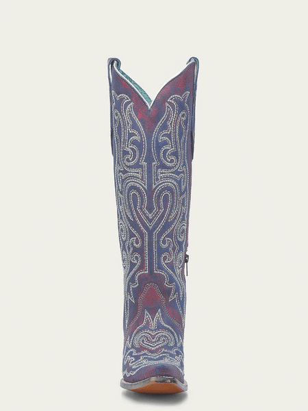 Corral A4772 Ladies Chameleon Effect Embroidery And Crystals Tall Boot Blue And Red front view. If you need any assistance with this item or the purchase of this item please call us at five six one seven four eight eight eight zero one Monday through Saturday 10:00a.m EST to 8:00 p.m EST