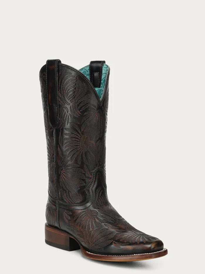 Corral A4848 Ladies Floral Petal Embroidery Square Toe Cowboy Boot Black Honey side / front view. If you need any assistance with this item or the purchase of this item please call us at five six one seven four eight eight eight zero one Monday through Saturday 10:00a.m EST to 8:00 p.m EST