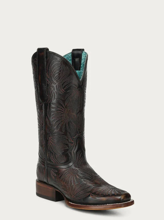 Corral A4848 Ladies Floral Petal Embroidery Square Toe Cowboy Boot Black Honey side / front view. If you need any assistance with this item or the purchase of this item please call us at five six one seven four eight eight eight zero one Monday through Saturday 10:00a.m EST to 8:00 p.m EST