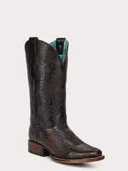 Corral A4848 Ladies Floral Petal Embroidery Square Toe Cowboy Boot Black Honey side / front view. If you need any assistance with this item or the purchase of this item please call us at five six one seven four eight eight eight zero one Monday through Saturday 10:00a.m EST to 8:00 p.m EST