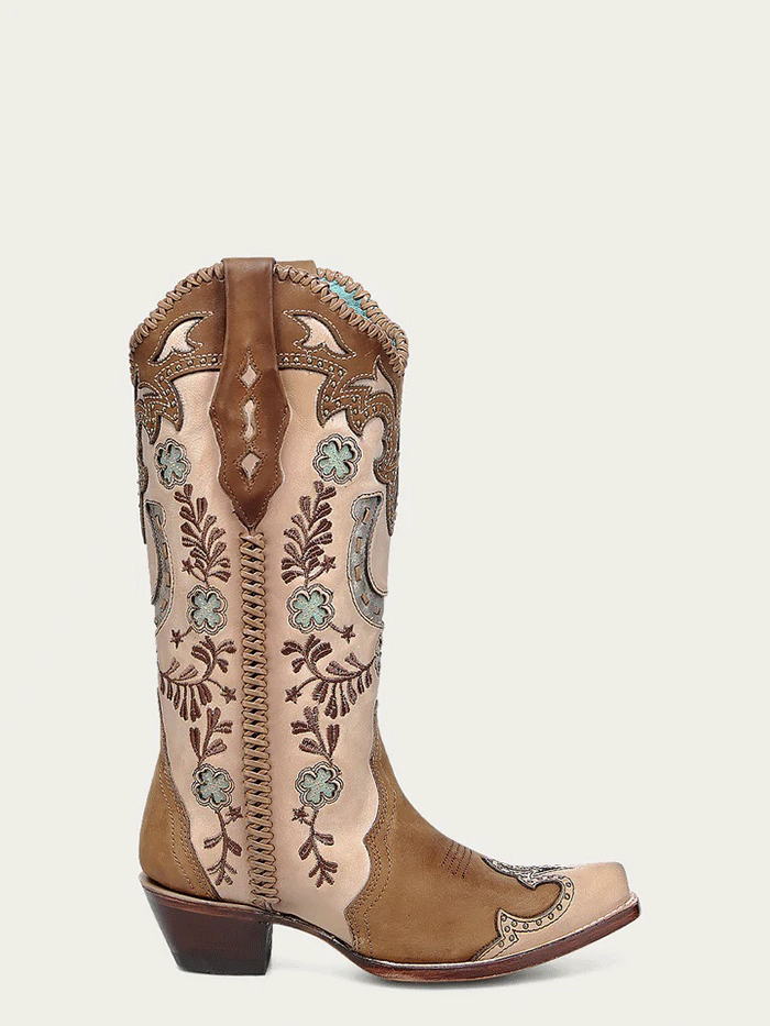 Corral A4863 Ladies Horseshoe Overlay Embroidery Snip Toe Boot Honey side / front view. If you need any assistance with this item or the purchase of this item please call us at five six one seven four eight eight eight zero one Monday through Saturday 10:00a.m EST to 8:00 p.m EST