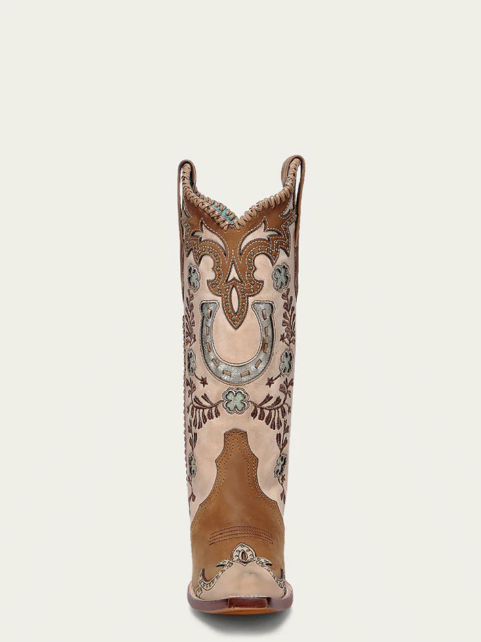 Corral A4863 Ladies Horseshoe Overlay Embroidery Snip Toe Boot Honey side / front view. If you need any assistance with this item or the purchase of this item please call us at five six one seven four eight eight eight zero one Monday through Saturday 10:00a.m EST to 8:00 p.m EST
