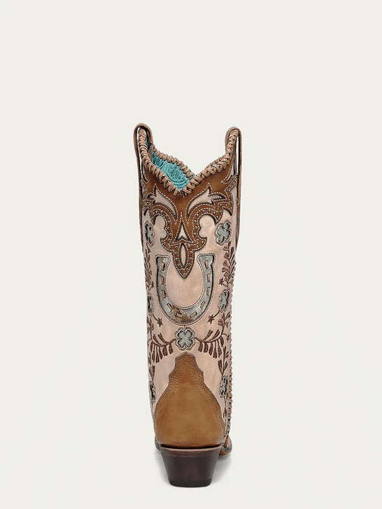 Corral A4863 Ladies Horseshoe Overlay Embroidery Snip Toe Boot Honey back view. If you need any assistance with this item or the purchase of this item please call us at five six one seven four eight eight eight zero one Monday through Saturday 10:00a.m EST to 8:00 p.m EST