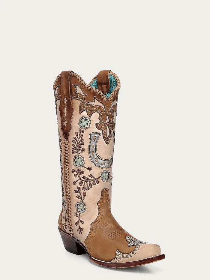 Corral A4863 Ladies Horseshoe Overlay Embroidery Snip Toe Boot Honey side / front view. If you need any assistance with this item or the purchase of this item please call us at five six one seven four eight eight eight zero one Monday through Saturday 10:00a.m EST to 8:00 p.m EST