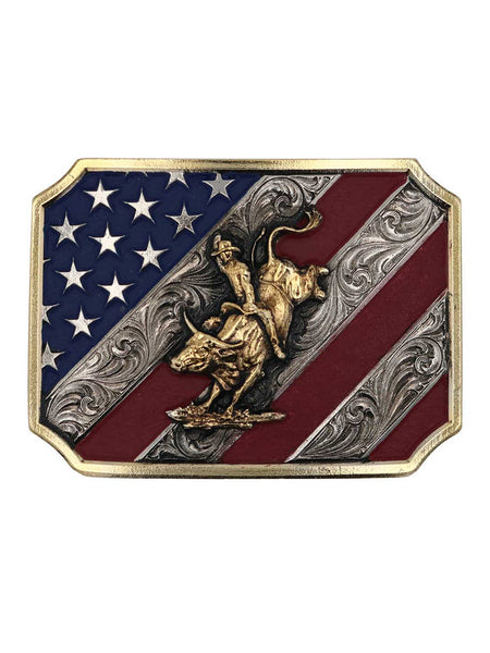 Montana Silversmiths A865 Patriot Bull Rider Attitude Belt Buckle Antique Bronze front view. If you need any assistance with this item or the purchase of this item please call us at five six one seven four eight eight eight zero one Monday through Saturday 10:00a.m EST to 8:00 p.m EST