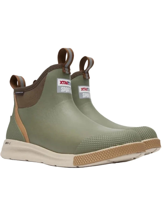Xtratuf ADSM300 Mens Ankle Deck Sport Boot Olive side / front view pair. If you need any assistance with this item or the purchase of this item please call us at five six one seven four eight eight eight zero one Monday through Saturday 10:00a.m EST to 8:00 p.m EST