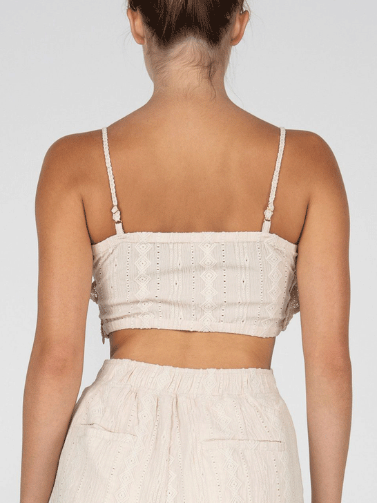 Miss Me MT2816T Womens All Over Crochet Crop Top Natural back view. If you need any assistance with this item or the purchase of this item please call us at five six one seven four eight eight eight zero one Monday through Saturday 10:00a.m EST to 8:00 p.m EST