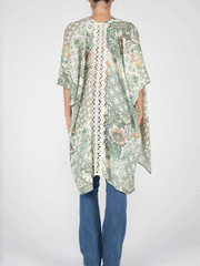 Miss Me MJ0638S Womens Floral Print Kimono With Crochet Trim Green alternate back view. If you need any assistance with this item or the purchase of this item please call us at five six one seven four eight eight eight zero one Monday through Saturday 10:00a.m EST to 8:00 p.m EST
