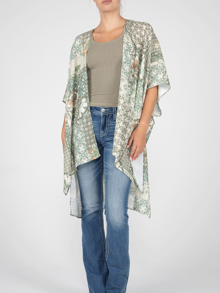 Miss Me MJ0638S Womens Floral Print Kimono With Crochet Trim Green front view close up. If you need any assistance with this item or the purchase of this item please call us at five six one seven four eight eight eight zero one Monday through Saturday 10:00a.m EST to 8:00 p.m EST