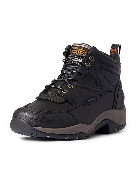 Ariat 10038423 Womens Terrain Waterproof Hiking Work Boot Black front and side view. If you need any assistance with this item or the purchase of this item please call us at five six one seven four eight eight eight zero one Monday through Saturday 10:00a.m EST to 8:00 p.m EST