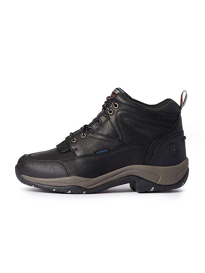 Ariat 10038423 Womens Terrain Waterproof Hiking Work Boot Black front and side view. If you need any assistance with this item or the purchase of this item please call us at five six one seven four eight eight eight zero one Monday through Saturday 10:00a.m EST to 8:00 p.m EST