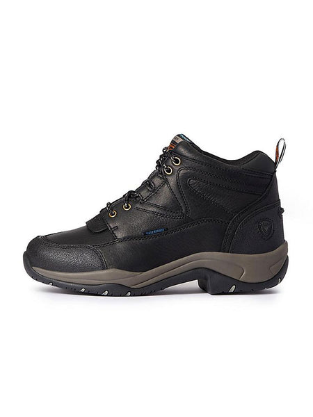 Ariat 10038423 Womens Terrain Waterproof Hiking Work Boot Black side view. If you need any assistance with this item or the purchase of this item please call us at five six one seven four eight eight eight zero one Monday through Saturday 10:00a.m EST to 8:00 p.m EST