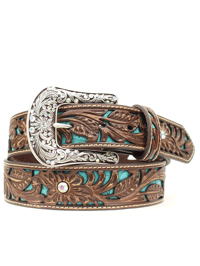 Ariat A1513402 Womens Inlays And Rhinestone Belt Dark Brown Turquoise front view. If you need any assistance with this item or the purchase of this item please call us at five six one seven four eight eight eight zero one Monday through Saturday 10:00a.m EST to 8:00 p.m EST