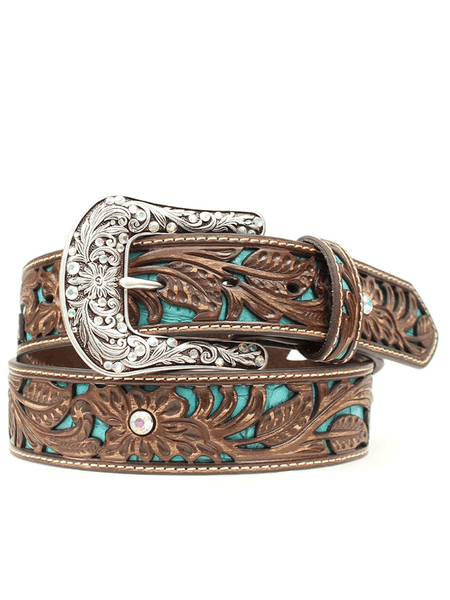 Ariat A1513402 Womens Inlays And Rhinestone Belt Dark Brown Turquoise front view. If you need any assistance with this item or the purchase of this item please call us at five six one seven four eight eight eight zero one Monday through Saturday 10:00a.m EST to 8:00 p.m EST