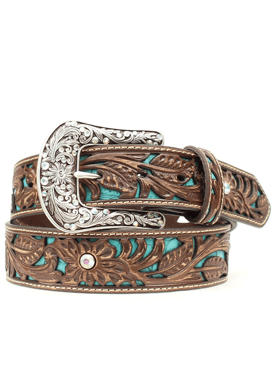 Ariat A1513402 Womens Inlays And Rhinestone Belt Dark Brown Turquoise front view. If you need any assistance with this item or the purchase of this item please call us at five six one seven four eight eight eight zero one Monday through Saturday 10:00a.m EST to 8:00 p.m EST