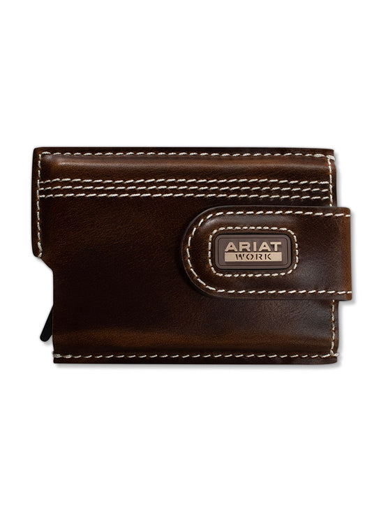 A dark brown leather wallet with white contrast stitching and a metal brand plate reading 'ARIAT WORK' on the front, shown against a plain white background. If you need any assistance with this item or the purchase of this item please call us at five six one seven four eight eight eight zero one Monday through Saturday 10:00a.m EST to 8:00 p.m EST
