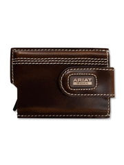 A dark brown leather wallet with white contrast stitching and a metal brand plate reading 'ARIAT WORK' on the front, shown against a plain white background. If you need any assistance with this item or the purchase of this item please call us at five six one seven four eight eight eight zero one Monday through Saturday 10:00a.m EST to 8:00 p.m EST