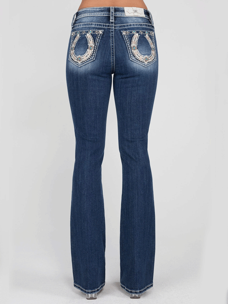 Miss Me M9279B Womens Mid-Rise Horseshoe Boot Cut Jean Dark Blue full back view. If you need any assistance with this item or the purchase of this item please call us at five six one seven four eight eight eight zero one Monday through Saturday 10:00a.m EST to 8:00 p.m EST