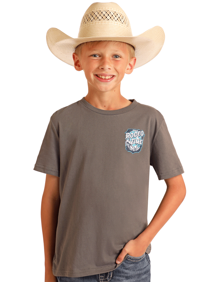 Rock & Roll Denim BB21T06079 Kids Dale Brisby Rodeo Time Graphic Tee Grey back view. If you need any assistance with this item or the purchase of this item please call us at five six one seven four eight eight eight zero one Monday through Saturday 10:00a.m EST to 8:00 p.m EST