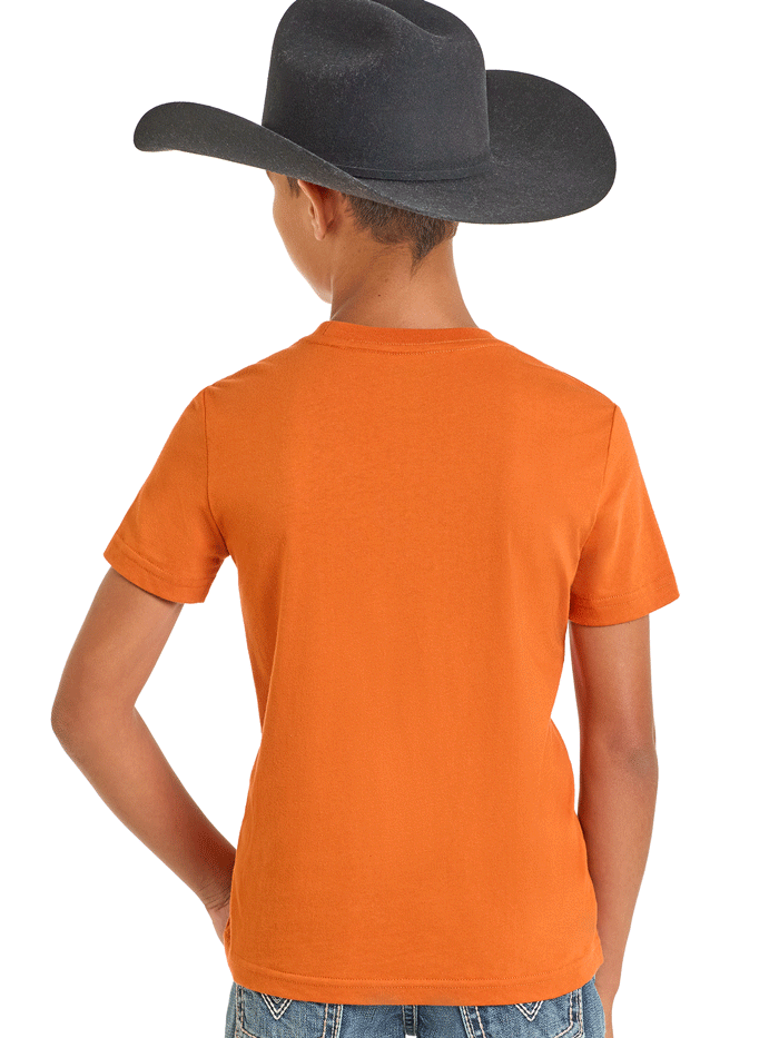 Child wearing an orange t-shirt with a cowboy graphic and text on a white background front view. If you need any assistance with this item or the purchase of this item please call us at five six one seven four eight eight eight zero one Monday through Saturday 10:00a.m EST to 8:00 p.m EST