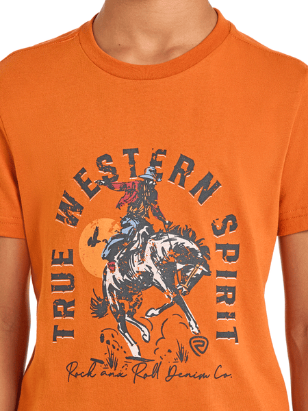 Orange t-shirt with a graphic of a cowboy on a horse and 'True Western Spirit' text close up view. If you need any assistance with this item or the purchase of this item please call us at five six one seven four eight eight eight zero one Monday through Saturday 10:00a.m EST to 8:00 p.m EST