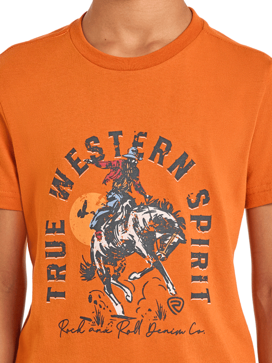 Orange t-shirt with a graphic of a cowboy on a horse and 'True Western Spirit' text close up view. If you need any assistance with this item or the purchase of this item please call us at five six one seven four eight eight eight zero one Monday through Saturday 10:00a.m EST to 8:00 p.m EST