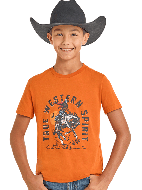 Child wearing an orange t-shirt with a cowboy graphic and text on a white background front view. If you need any assistance with this item or the purchase of this item please call us at five six one seven four eight eight eight zero one Monday through Saturday 10:00a.m EST to 8:00 p.m EST