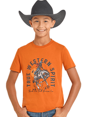 Child wearing an orange t-shirt with a cowboy graphic and text on a white background front view. If you need any assistance with this item or the purchase of this item please call us at five six one seven four eight eight eight zero one Monday through Saturday 10:00a.m EST to 8:00 p.m EST